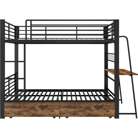 Cama alta de metal 90 x 200 cm con escritorio, iluminación LED y cajones, negra (1/5)