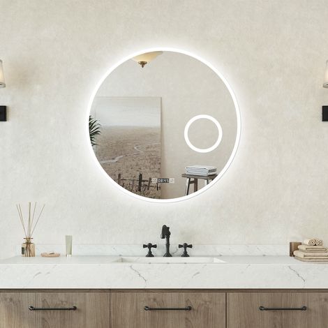 Specchio LED da Bagno Tondo 80cm con 3 Luci, Touch, Orologio, Lente d'Ingrandimento, Anti-Appannamento, Dimmerabile e Memoria (1/5)