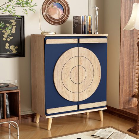 Meuble à chaussures moderne 76x37x98,5 cm - 2 portes rondes - Rangement multi-niveaux - Pieds en bois - Bleu et naturel