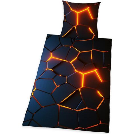 Literie coton 140x200 Lava 3D bleu marine orange taie d'oreiller 70x90 H23 (1/4)