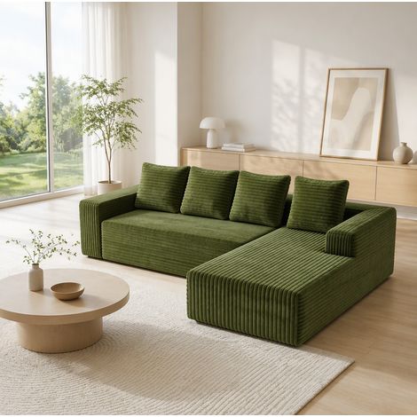 Divano modulare a L 261x168x58 cm, componibile, senza montaggio, velluto a coste, verde (1/5)