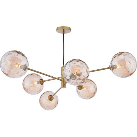 Dar Vignette Suspension Vignette à 6 lumières en laiton vieilli et verre ambré à bulles