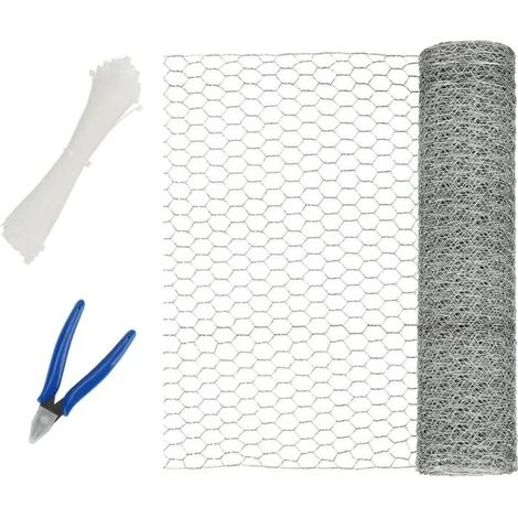 Grillage hexagonal galvanisé 40 cm x 10 m, avec 100 attaches de câble et 1 pince coupante, décoration de jardin (1/5)