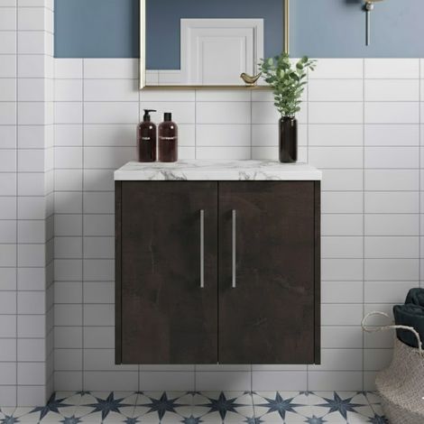 Hudson Reed Juno Wall Hung 2-Door Vanity Unit with Carrera Marble Worktop 600mm Wide - Metallic Slate (1/4)