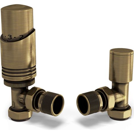 Talus Bold - Antique Brass Thermostatic Radiator Valve & Lockshield Angled 10mm