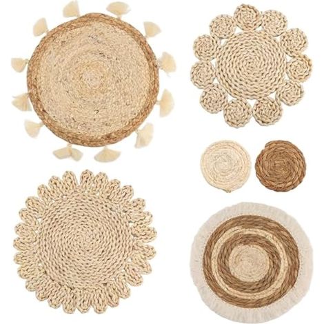 Lot de 6 paniers plats tressés en rotin pour décoration murale, glands faits à la main, paniers muraux floraux, décoration de canapé, table de chevet (1/4)