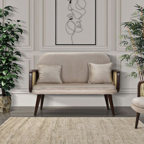 Canapé en tissu beige avec accoudoirs en bois cm 131x80x93 (1/5)