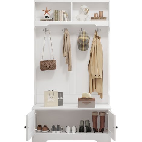ELVMI Meuble D'Entrée avec 2 Portes, 2 Niches, 4 Crochets et Banc, Charnières Silencieuses, Blanc (1/5)