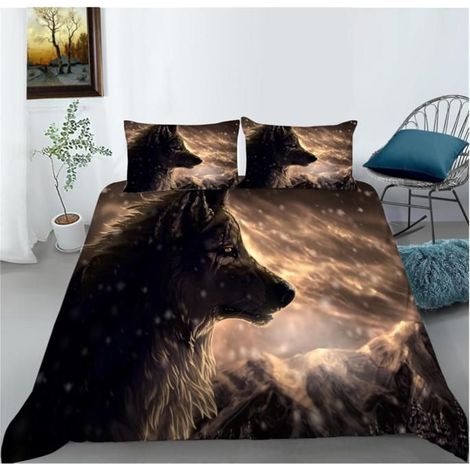 Housse de Couette Motif Loup Noir 3D Animaux Imprimé Parure de Lit en Microfibre Adulte Parure Housse Couette 90x190cm - XZY (1/4)