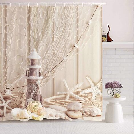 Rideau de douche beige en tissu 150 x 180 cm avec anneaux, motif coquillage - Impression numérique - Polyester - Anti-moisissure (1/5)