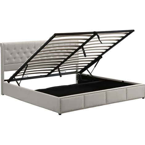 Lit coffre rembourré gris clair 160 x 200 cm en coton-lin, sommier, relevage hydraulique (1/5)