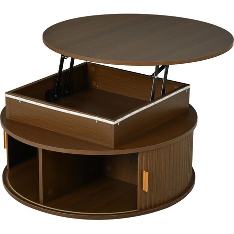 Tavolino da caffè rotondo sollevabile 75 cm con LED e contenitore nascosto MDF colore noce MODENUIT (1/5)