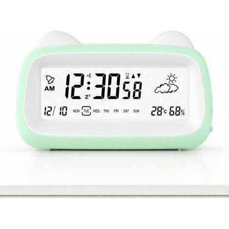 Réveil numérique avec affichage de la température et de l'humidité, écran transparent rechargeable, icône météo et minuterie, horloge de table silencieuse pour étude et chambre (1/5)