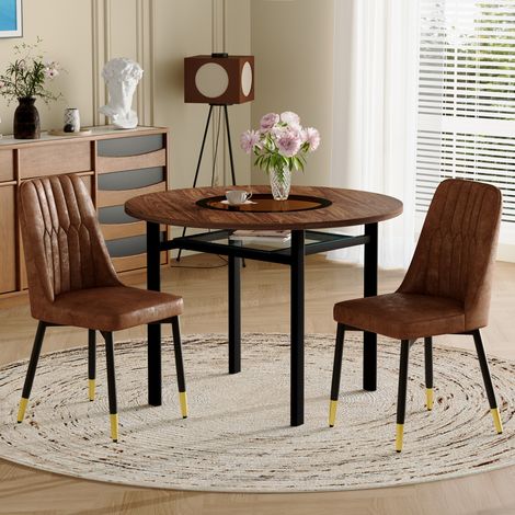 MODFU - Conjunto de mesa de comedor redonda con cristal incrustado, Ø100 cm, con 2 sillas de tela marrón, MDF efecto madera y metal negro - Marrón (1/5)