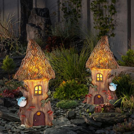 Feenhaus für den Garten Solar Solardeko für Außen Garten Solarleuchten für Außen Deko Figur, Baumstamm Haus, 1x LED warmweiß, H 23 cm, 2er Set