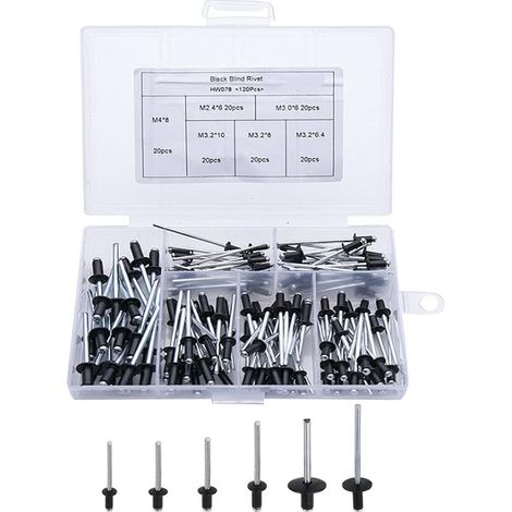 120pcs rivets noirs rivets pop rivets aveugles en aluminium rivets à bride en aluminium rivets à grande tête rivets pop noirs pour meubles assortis M2.4 M3.0 M3.2 M4 (1/5)