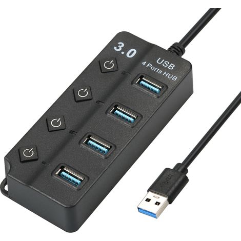 Hub USB 3.0 haute vitesse 4 en 1 avec 4 ports d'extension USB 3.0, interrupteurs d'alimentation indépendants, compatible avec souris, clavier et clé USB. (1/2)
