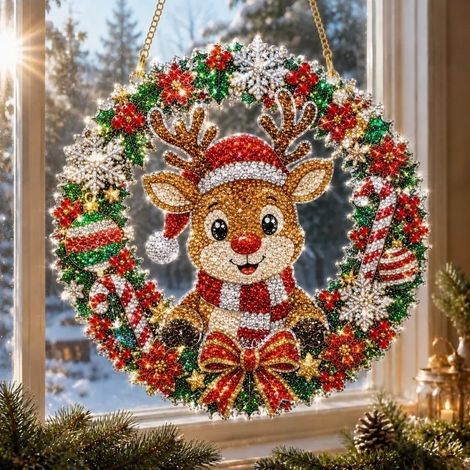 Nouvelle peinture diamant de Noël attrape-soleil - Renne marron de dessin animé - 20 cm