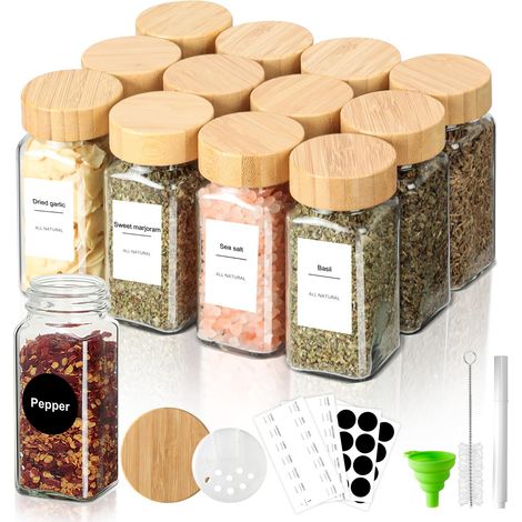 Pot a Epices en Verre avec Couvercle 12 Pièces 120ml Carré Bocaux à Épices Boite a Epices Avec étiquette pour conserver les épices, la cannelle et les graines de sésame (1/5)