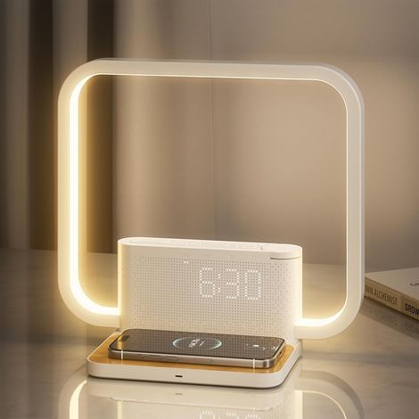 NOLUXA Lampe de Chevet avec Chargeur Sans Fil 10w, 2 Réveils, Lumière De réVeil, 10 Sons Apaisants,Lampes de Chevet 3 Niveaux de Luminosité (1/5)