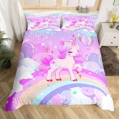 Parure de lit réversible avec housse de couette 135 x 200 cm et 1 taie d'oreiller, motif licorne, arc-en-ciel, pour fille (1/5)