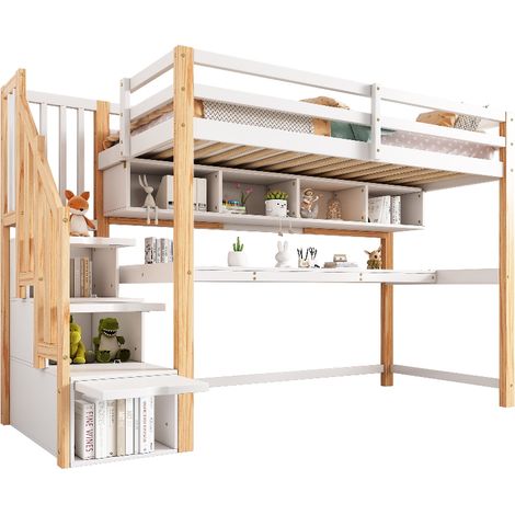 Kinderhochbett mit Schreibtisch und Treppe, Massivholz Kinderbett mit Stauraum und Regalen, 252x95x165 cm, Weiß und Natur für Kinderzimmer (1/5)