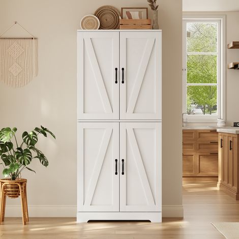 Buffet haut de cuisine 80x40x178 cm, 4 portes style grange, étagères réglables, porte-bouteilles, rangements de porte, anti-basculement, blanc (1/5)