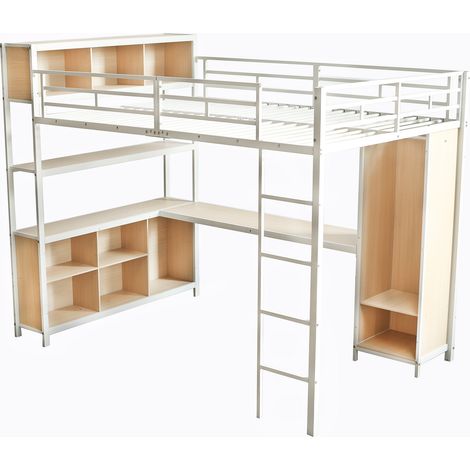 Lit mezzanine en métal 140x200 cm avec bureau et armoire, blanc et naturel (1/5)