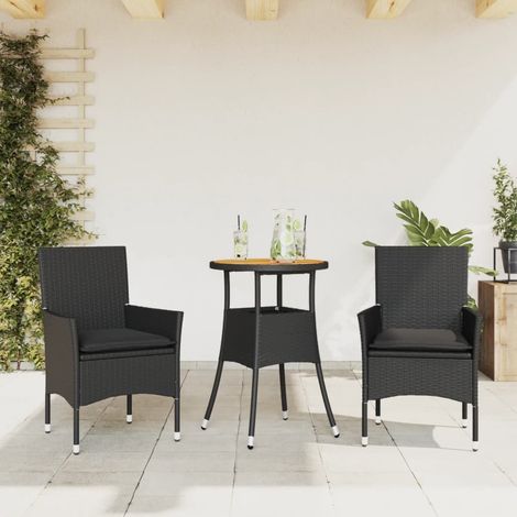 3-tlg. Garten-Essgruppe mit Kissen Schwarz Poly Rattan Akazie (1/5)