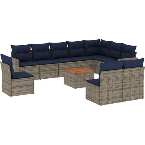 Salon de jardin 11 pcs Mobilier de jardin avec coussins gris résine tressée (1/5)