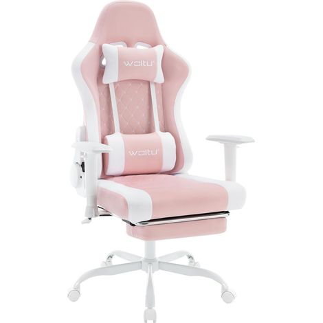 WOLTU Silla Gaming - Sillón de Oficina con Soporte Lumbar y Reposacabezas - Tela de Malla de Altura Regulable - Rosa + Blanco