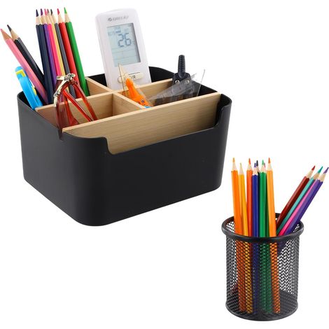 2 Organiseur de bureau, Bois et métal, 5 compartiments, Noir, Pour stylos et cosmétiques, Bureau et maison