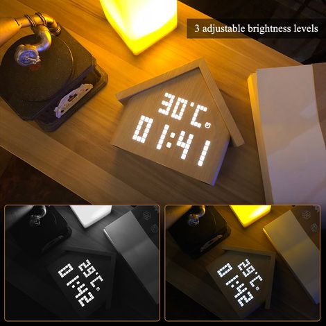 Réveil LED en bois chêne blanc avec affichage numérique heure température humidité, contrôle vocal et 3 luminosités, horloge bureau chambre Style 1