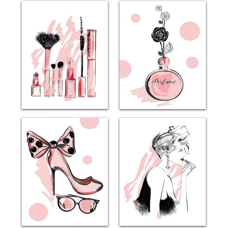 4pcs Mode Toile Mur Art Imprimer Affiche Ensemble Rose Talons Hauts Fleurs Parfum Maquillage Maison Mur Art Oeuvre Moderne pour Dressing Chambre Salle Bains Filles 8 x 10 Pouces (1/5)