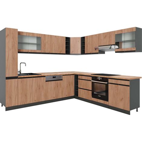 Cuisine en angle R-Line, Chêne doré/anthracite, 257 x 277 cm J-Shape, PT Chêne, Vicco (1/5)