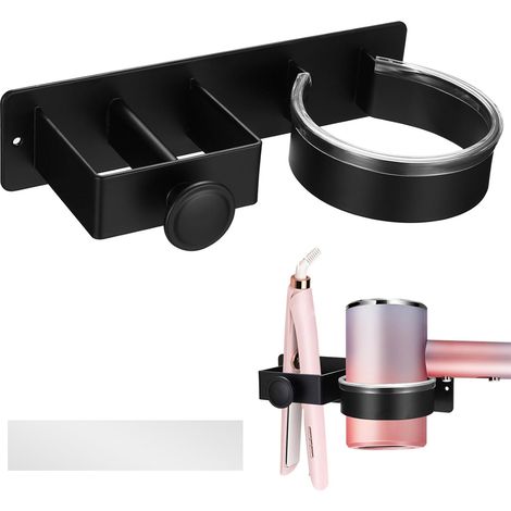 Support Sèche-Cheveux Mural sans Perçage, Porte-Sèche-Cheveux et Lisseur, Support pour Sèche-Cheveux et Fer à Lisser, Aluminium Noir pour Salle (1/4)