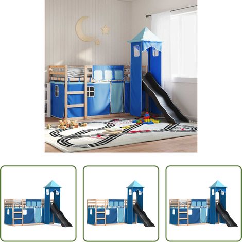 vidaXL Kinderbett - Etagenbett mit Rutsche und Gardinen Blau 80x200 cm (1/5)