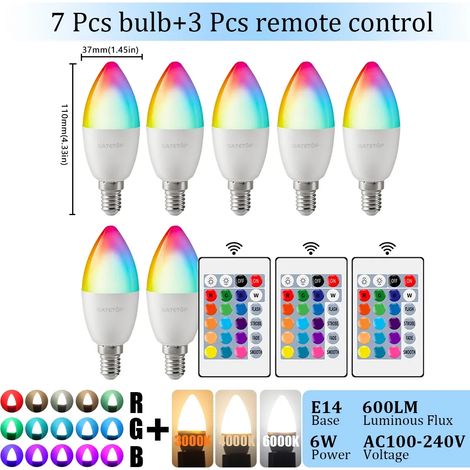 Lampes de croissance pour plantes Ampoule LED E14 (RGB 3000K, 7 unités, AC100-240V) avec télécommande 24 touches, intensité variable, 6W et changement de couleurs, idéale pour chambre ou salon. (1/5)
