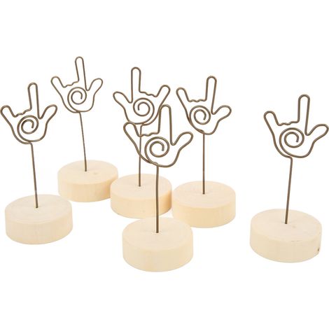 Lot de 6 porte-numéros de table avec gestes de la main, en hêtre, pratiques et faciles à utiliser. Pince à tableau photo. (1/5)
