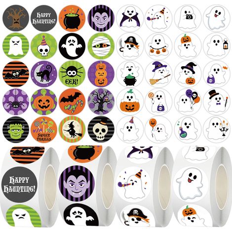 Autocollants d'Halloween (4 rouleaux, 500 autocollants/rouleau) - Ruban adhésif décoratif pour les fêtes - Autocollants de fermeture (1/5)