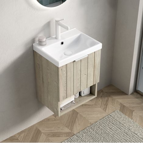 Meuble vasque mural 42 cm avec lavabo céramique blanc, double porte et niche ouverte, chêne (1/5)