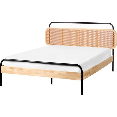 Cama con somier moderna cabecero trenza vienesa madera de caucho marrón claro 140 x 200 cm Boussicourt