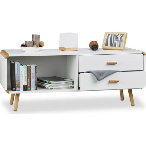 Relaxdays Sideboard abgerundet mit 2 Schubladen, langes Lowboard mit Beine, flache TV-Bank HxBxT 48 x 120 x 40 cm, weiß