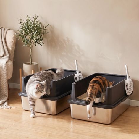 Lot de 2 bacs à litière XL en acier inoxydable avec couvercles à bords hauts, 60 x 40 x 30 cm, semi-ouverts, avec 2 pelles, pour grands chats jusqu'à 8 kg (1/5)