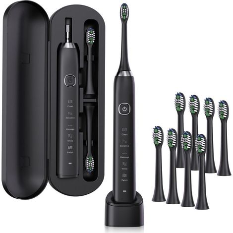 Brosse à Dent Électrique Soniques,Avec 8 Têtes de Brossage,5 Modes, Minuterie Intégrée de 2 Minutes,Rappel de 30 Secondes,Étui de Voyage Inclus,IPX7,Homme/Femme (Noir) (1/5)