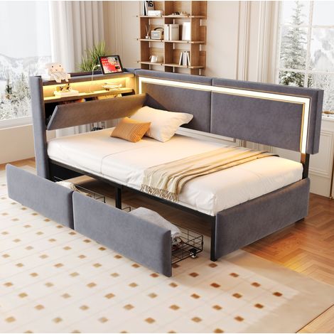 Sofá cama 90x200 cm gris de terciopelo con almacenaje, LED y USB (1/5)