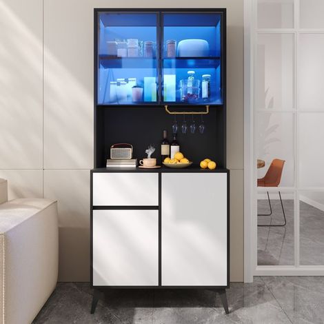 Buffet de salón, Buffet de 4 puertas y cajón, Vitrina, Armario alto, Estilo moderno, Mueble de almacenamiento, Negro y blanco, Iluminación LED (1/5)