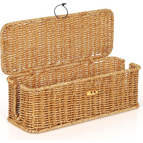 1 Boîte de rangement câbles, rotin synthétique tressé, 2 compartiments, couvercle sécurisé, pour bureau et salon (1/5)