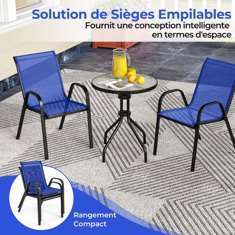 Ensemble bistrot de jardin 3 pièces avec table ronde en verre trempé bleu et 2 chaises empilables pour balcon, terrasse et jardin (1/5)