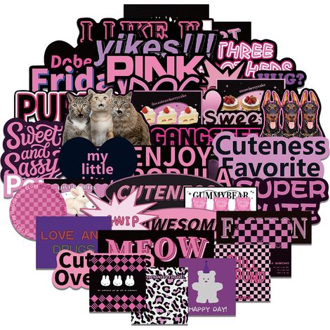 BEBUSINGOTO Coole, aber süße Aufkleber (268 Stück) – Kawaii, Schwarz-Rosa-Thema, wasserfest  Aufkleber für Kinder, Mädchen, Teenager, Laptop, Wasserflasche, Fahrräder (1/5)